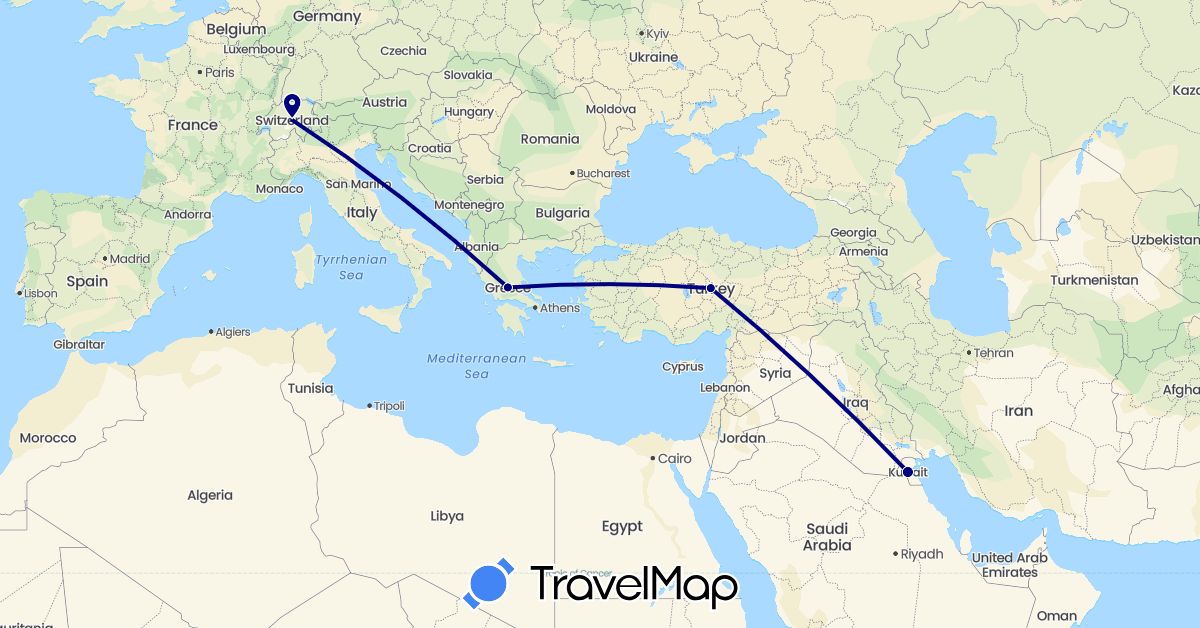 TravelMap itinerary: driving in Switzerland, Greece, Kuwait, Turkey (Asia, Europe)